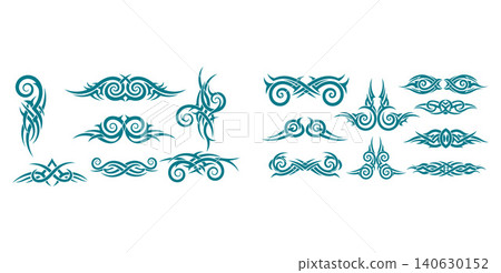 Group of teal tribal vector elements showcasing elegant elongated swirls and decorative flowing scrollwork patterns Group of teal tribal vector elements showcasing elegant elongated swirls and decorative flowing scrollwork patterns 140630152