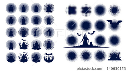 Halloween graveyard silhouettes with grim reaper and spooky elements featuring halftone dot effect patterns Halloween graveyard silhouettes with grim reaper and spooky elements featuring halftone dot effect patterns 140630153