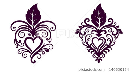 Intricate ornamental heart and leaf design with elegant swirling patterns, suitable for emblems or romantic motifs Intricate ornamental heart and leaf design with elegant swirling patterns, suitable for emblems or romantic motifs 140630154