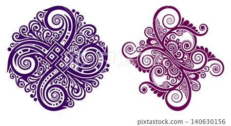 Intricate ornamental patterns featuring symmetrical curly shapes for decorative graphic elements Intricate ornamental patterns featuring symmetrical curly shapes for decorative graphic elements 140630156