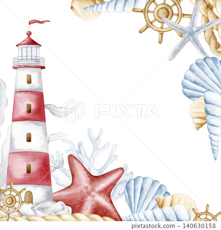Watercolor nautical frame with lighthouse, starfish, shells and ship wheel isolated. Hand drawn marine template with copy space for beach party invitations, summer greeting cards and coastal decor. Watercolor nautical frame with lighthouse, starfish, shells and ship wheel isolated. Hand drawn marine template with copy space for beach party invitations, summer greeting cards and coastal decor. 140630158