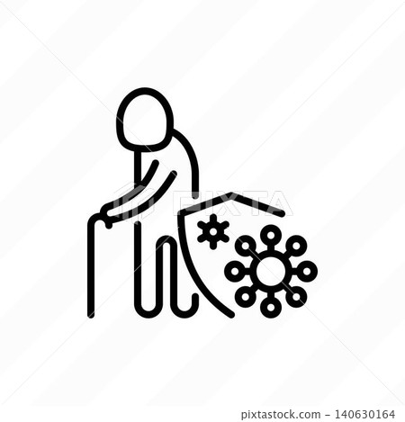 Virus protection for elderly person: old person is protected by shield, bacterias can't attack him. Immune system, vaccination, antibiotics. Thin line icon. Modern vector illustration. Virus protection for elderly person: old person is protected by shield, bacterias can't attack him. Immune system, vaccination, antibiotics. Thin line icon. Modern vector illustration. 140630164