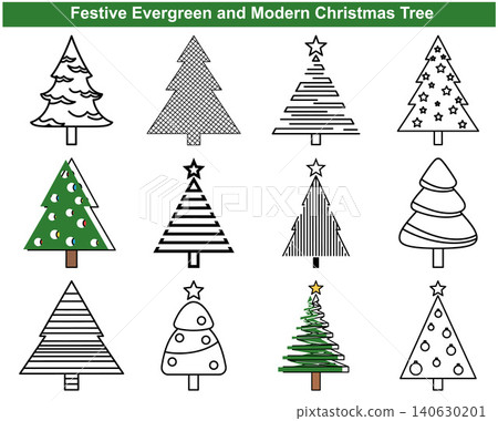 Festive evergreen and modern Christmas tree icons in various outline and decorated styles Festive evergreen and modern Christmas tree icons in various outline and decorated styles 140630201