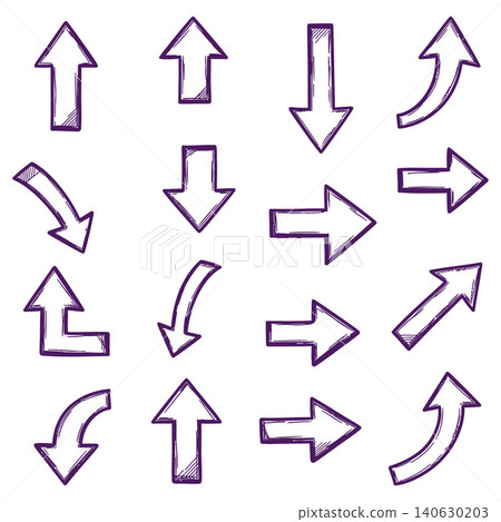 Grid of hand drawn sketchy vector arrows indicating various directions and curved movements Grid of hand drawn sketchy vector arrows indicating various directions and curved movements 140630203