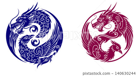 Intertwined tribal dragon and phoenix mythical creatures forming a circular balance symbol Intertwined tribal dragon and phoenix mythical creatures forming a circular balance symbol 140630244