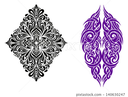Intricate black damask pattern paired with symmetrical tribal motif showcasing fluid lines and curves Intricate black damask pattern paired with symmetrical tribal motif showcasing fluid lines and curves 140630247