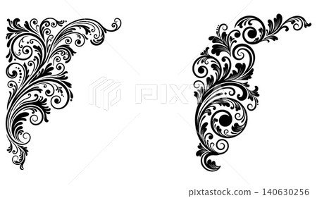 Intricate corner scrollwork flourishes featuring elegant curly patterns for frame embellishment 140630256