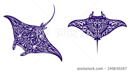 Intricate manta ray vector illustrations featuring tribal art patterns for ocean themed design projects Intricate manta ray vector illustrations featuring tribal art patterns for ocean themed design projects 140630267