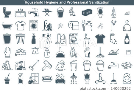 Household hygiene and professional sanitization icons for cleaning tasks and domestic chores Household hygiene and professional sanitization icons for cleaning tasks and domestic chores 140630292