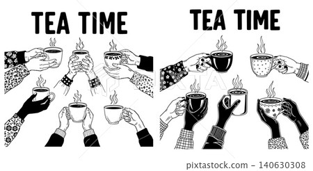 Multiple hands holding steaming cups of tea in a stylized illustration 140630308