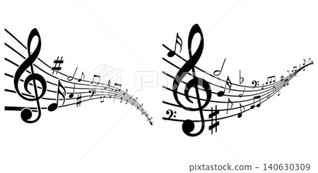 Musical notes flowing on staff lines with clefs and sharps Musical notes flowing on staff lines with clefs and sharps 140630309