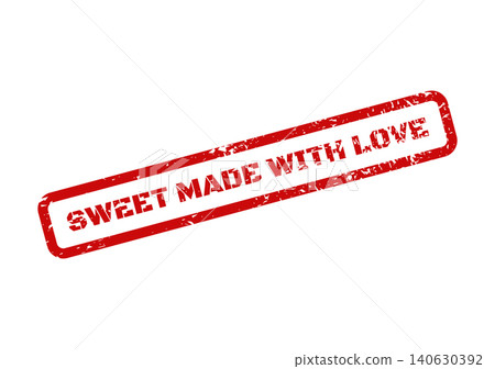 Red textured rubber stamp with the phrase SWEET MADE WITH LOVE imprinted diagonally, indicating a handcrafted product Red textured rubber stamp with the phrase SWEET MADE WITH LOVE imprinted diagonally, indicating a handcrafted product 140630392