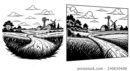 Scenic countryside with farmhouses windmills and a winding road through fields Scenic countryside with farmhouses windmills and a winding road through fields 140630406