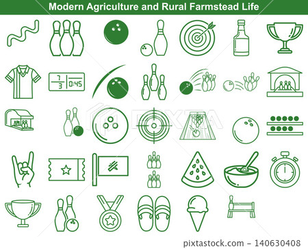 Set of minimalist green line icons representing bowling, sports activities, leisure, and summer fun Set of minimalist green line icons representing bowling, sports activities, leisure, and summer fun 140630408