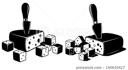 Stylized black and white cheese wedge with cubes and knife Stylized black and white cheese wedge with cubes and knife 140630427