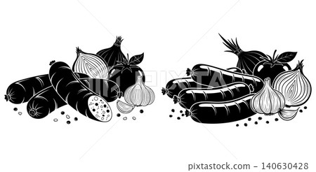 Stylized black and white illustration of sausages with tomatoes onions and garlic Stylized black and white illustration of sausages with tomatoes onions and garlic 140630428