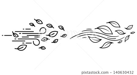 Stylized leaves blown by wind and abstract wavy lines representing wind Stylized leaves blown by wind and abstract wavy lines representing wind 140630432
