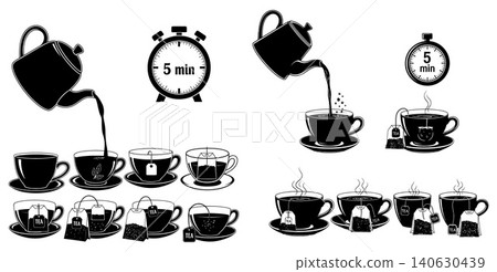 Tea brewing process illustration with steeping times and steaming cups 140630439