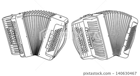 Two accordions displayed from different angles with detailed musical instrument features Two accordions displayed from different angles with detailed musical instrument features 140630467