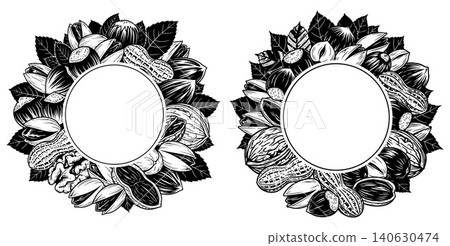 Two circular frames adorned with various nuts and leaves in a illustration style Two circular frames adorned with various nuts and leaves in a illustration style 140630474