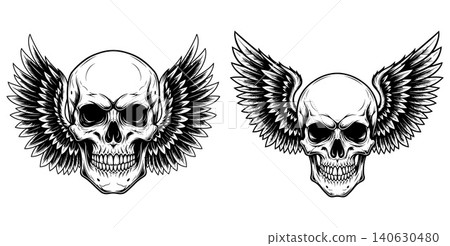 Two detailed black and white skull illustrations with feathered wings Two detailed black and white skull illustrations with feathered wings 140630480