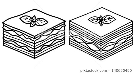 Two isometric lasagna slices topped with basil leaves, line art Two isometric lasagna slices topped with basil leaves, line art 140630490