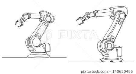 Two robotic arms drawn in a continuous single line style, showcasing industrial automation Two robotic arms drawn in a continuous single line style, showcasing industrial automation 140630496