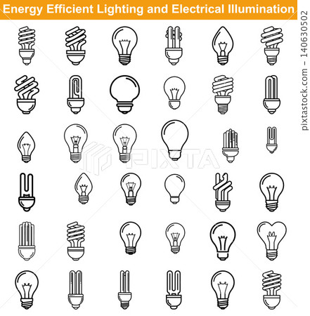 Various energy efficient light bulb icons set, including incandescent and fluorescent types, for electrical illumination concepts Various energy efficient light bulb icons set, including incandescent and fluorescent types, for electrical illumination concepts 140630502