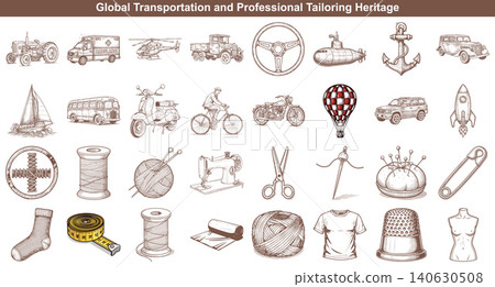 Vintage hand drawn vector collection of transportation vehicles and tailoring accessories for textile crafts Vintage hand drawn vector collection of transportation vehicles and tailoring accessories for textile crafts 140630508