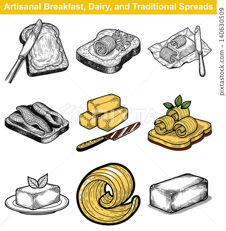 Vintage hand drawn vector set illustrating various dairy products, butter, and traditional breakfast spreads with toast Vintage hand drawn vector set illustrating various dairy products, butter, and traditional breakfast spreads with toast 140630509