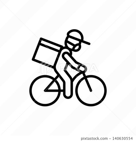 Safety food delivery thin line icon: man on bicycle with parcel box on the back in medical mask and protective gloves. Vector illustration. 140630554