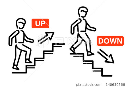 Stairs, person climbing up, walking down staircase. Human moving upstairs, downstairs floor levels. Man lifting by escalator steps. Public building entrance, exit direction arrow warning sign. Vector Stairs, person climbing up, walking down staircase. Human moving upstairs, downstairs floor levels. Man lifting by escalator steps. Public building entrance, exit direction arrow warning sign. Vector 140630566