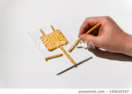 Hand arranging pretzel sticks and a square cracker on a graph paper notebook Hand arranging pretzel sticks and a square cracker on a graph paper notebook 140630597