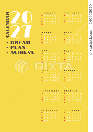 yellow yearly calendar template for year 2027 with copy space vector illustration. 140630630