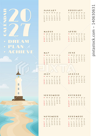 2027 lighthouse wall calendar design vector illustration. 2027 lighthouse wall calendar design vector illustration. 140630631
