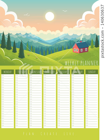 Weekly planner mountain landscape template vector illustration. Weekly planner mountain landscape template vector illustration. 140630637