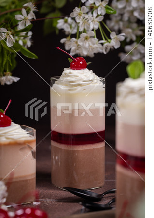 Layered chocolate cherry pudding dessert with whipped cream Layered chocolate cherry pudding dessert with whipped cream 140630708