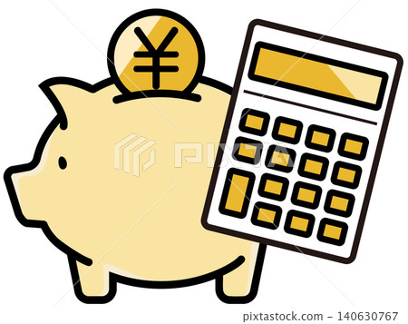可愛的小豬存錢筒和日圓硬幣 140630767