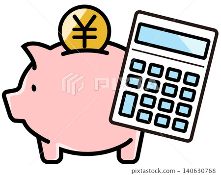可愛的小豬存錢筒和日圓硬幣 140630768