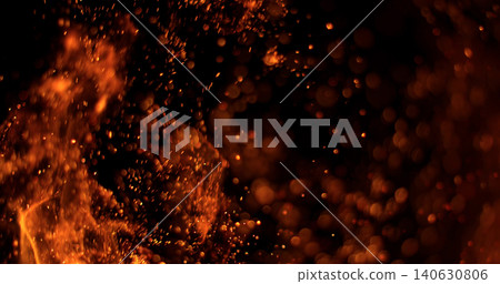 Burning orange flames with glowing embers isolated on black background. Realistic fire effect suitable for visual effects, compositing, motion graphics and video editing. Burning orange flames with glowing embers isolated on black background. Realistic fire effect suitable for visual effects, compositing, motion graphics and video editing. 140630806