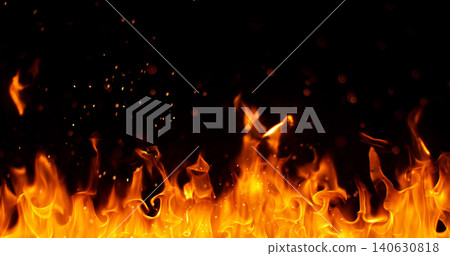 Burning orange flames with glowing embers isolated on black background. Realistic fire effect suitable for visual effects, compositing, motion graphics and video editing. Burning orange flames with glowing embers isolated on black background. Realistic fire effect suitable for visual effects, compositing, motion graphics and video editing. 140630818