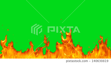 Realistic burning flames isolated on green screen background. High quality chroma key fire effect for compositing, visual effects, motion graphics and video editing. Realistic burning flames isolated on green screen background. High quality chroma key fire effect for compositing, visual effects, motion graphics and video editing. 140630819