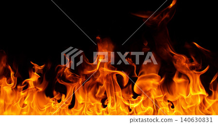 Burning orange flames with glowing embers isolated on black background. Realistic fire effect suitable for visual effects, compositing, motion graphics and video editing. Burning orange flames with glowing embers isolated on black background. Realistic fire effect suitable for visual effects, compositing, motion graphics and video editing. 140630831