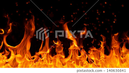 Burning orange flames with glowing embers isolated on black background. Realistic fire effect suitable for visual effects, compositing, motion graphics and video editing. Burning orange flames with glowing embers isolated on black background. Realistic fire effect suitable for visual effects, compositing, motion graphics and video editing. 140630841