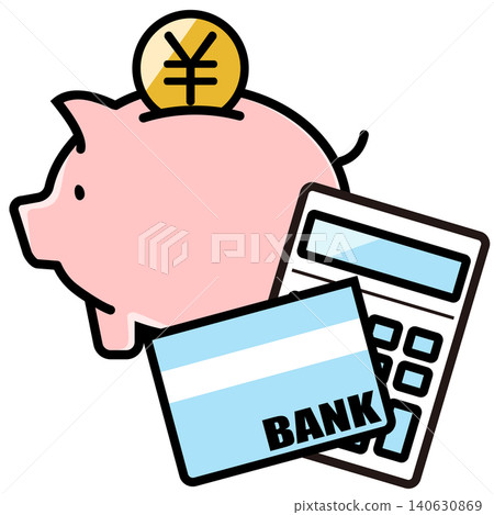 可愛的小豬存錢筒和日圓硬幣 140630869