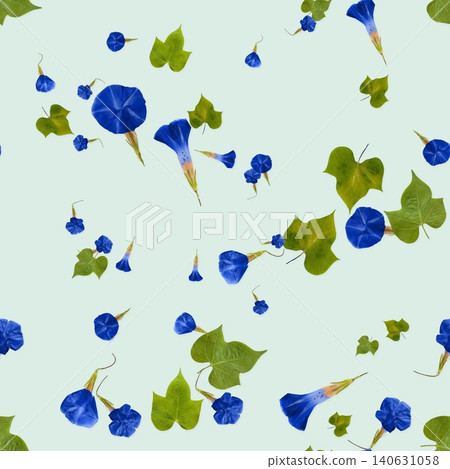薄荷綠色背景上的藍色牽牛花無縫圖案。 薄荷綠色背景上的藍色牽牛花無縫圖案。 140631058