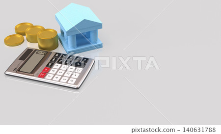 Blue Bank Building With Calculator And Gold Coins Concept 3d render. Blue Bank Building With Calculator And Gold Coins Concept 3d render. 140631788