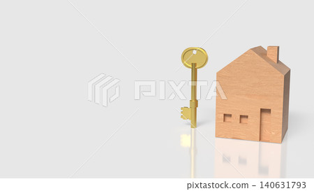 Golden Key And Wooden House For Secure Home Ownership 3d render. Golden Key And Wooden House For Secure Home Ownership 3d render. 140631793