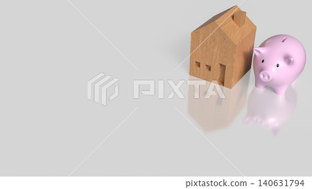Piggy Bank And Wooden House For Home Saving Goals 3d render. Piggy Bank And Wooden House For Home Saving Goals 3d render. 140631794