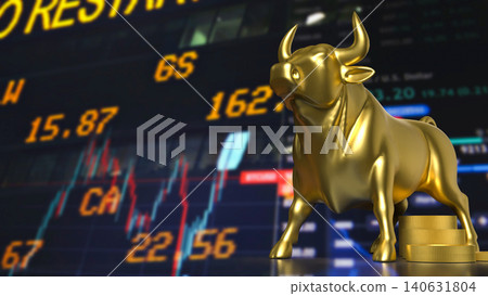 Golden Bull Market Rally With Coins And Trading Screen 3d render. Golden Bull Market Rally With Coins And Trading Screen 3d render. 140631804